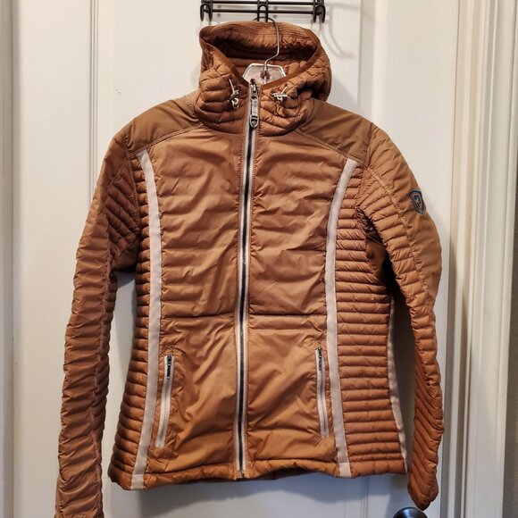 🏔️KÜHL PROJEKT Down Puffer Jacket | Hooded Quilted Insulated Coat | Nude/Tan M - Picture 7 of 14